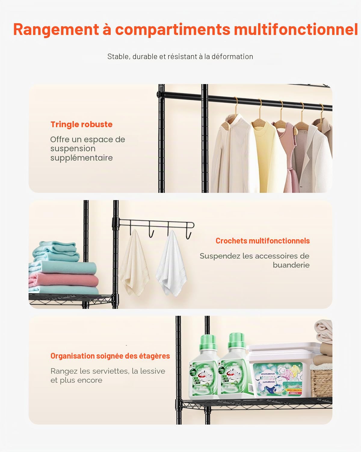 VEVOR Étagère de Rangement pour Lave-Linge et sèche-Linge à 4 Niveaux, étendoir à Linge avec Tringle et Crochets, étagères réglables à Deux rangées, Gain de Place, pour buanderie, Salle de Bain, Noir