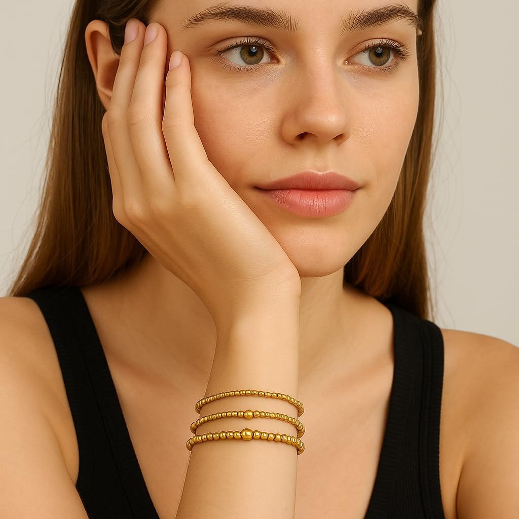 14K Gold Plated Beaded Bracelets for Women 3Pcs Stretch Stack Bead Bracelets Stainless Steel Waterproof Non Tarnish Bangle Jewelry - Image 2