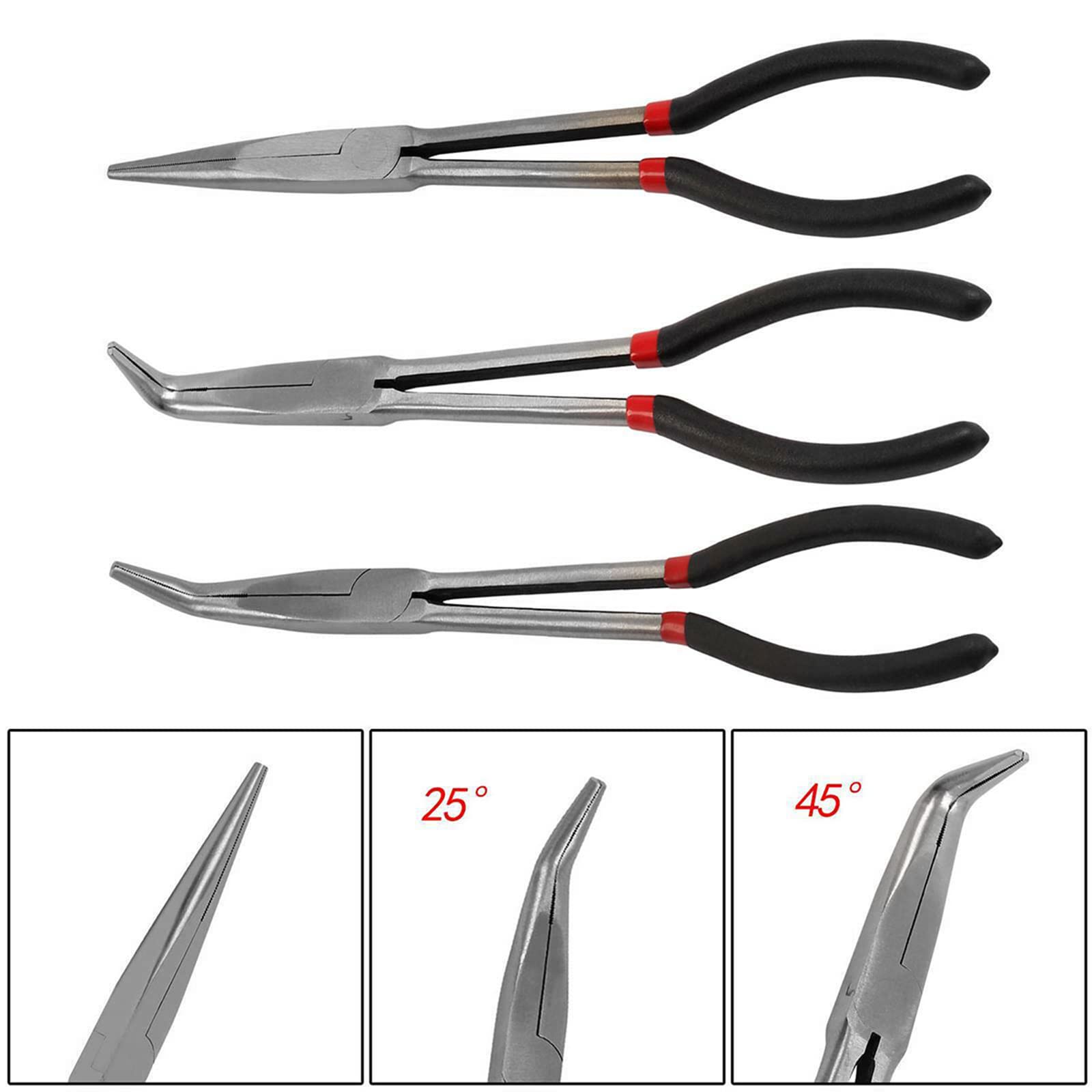 Set di pinze a lungo raggio da 28 cm Set di pinze a becco lungo ad ago dritto 45 25 gradi Angolo lungo Reach Pinze Set di pinze a becco lungo