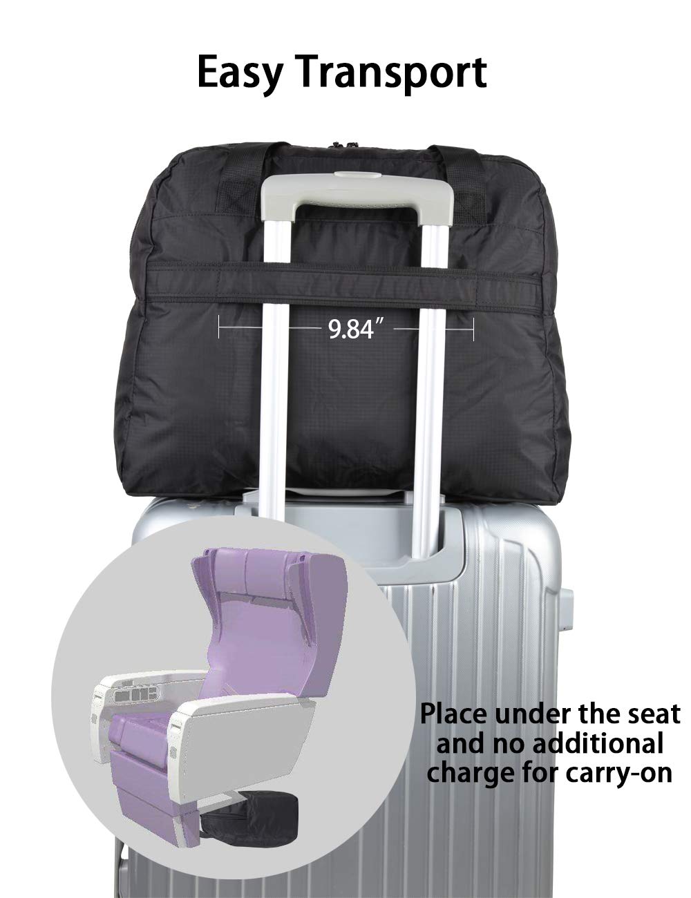 Damska torba na siłownię, duża, składana torba podróżna, pakowalna torba na ramię, bagaż podręczny, torba weekendowa, na noc, lekka, Czarny, Carry-On 20-Inch, Torba podróżna