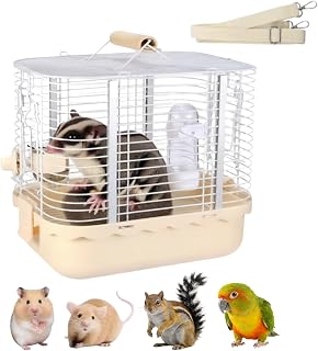 Portable Wire Pet Carrier with Wooden Perch, Feeder, Water Dispenser, Detachable Strap & Handle Wrap for Sugar Glider Hamster Chinchilla Rabbit Parrot Small Animals (Iron-Brown,Small)