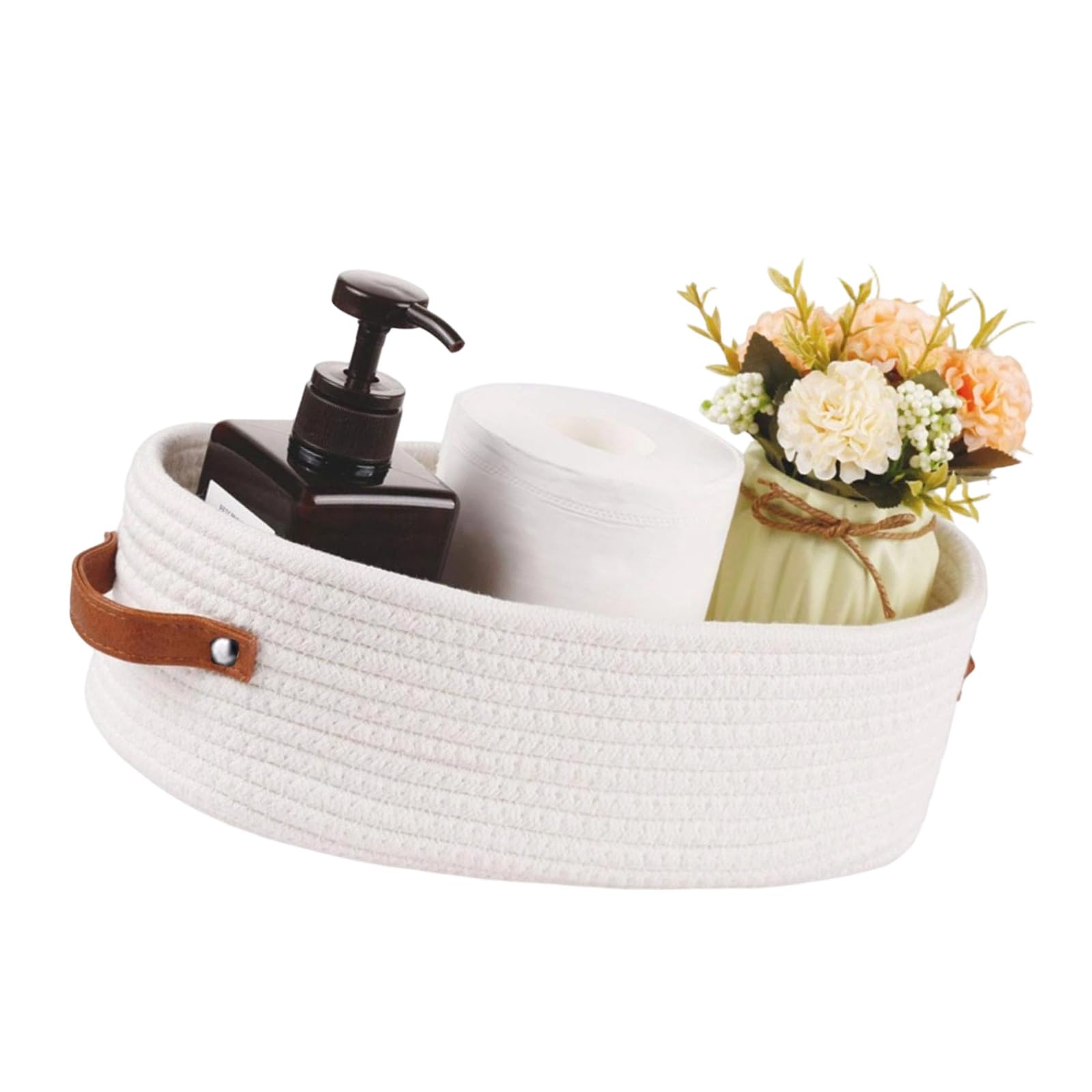 Jazuaiao Stylish Oval Shape Handwoven Cotton Rope Basket with Soft Leather Handles for Clothes Toy Storage Leather Handle Cotton Rope Storage Basket