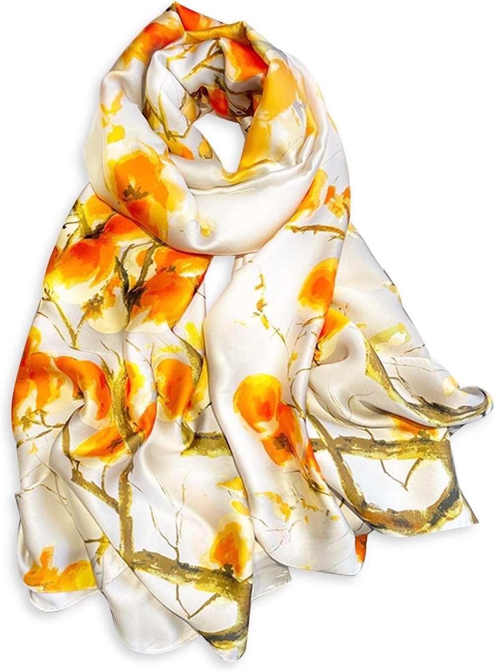 szal, Jedwabny szal, jedwabny szalik damski kwiatowy nadruk w liście moda elegancki styl długi miękki ciepły Wrap przeciwsłoneczny cały sezon
