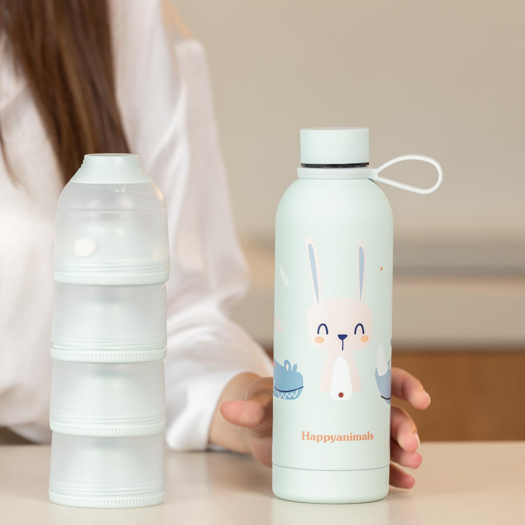 Happymami-Pack Distributeur de lait en poudre, set d'alimentation pour votre bébé, double paroi intérieure pour maintenir la température (Menthe Douce)