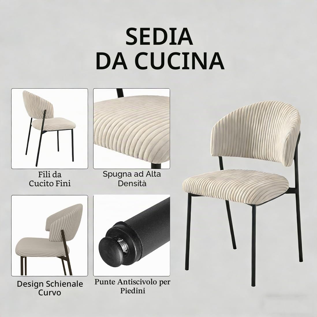 JIEXI Set di sedie da pranzo in velluto a coste imbottite, con schienale curvo, gambe in metallo in acciaio al carbonio, piedini antiscivolo, portata 150 kg