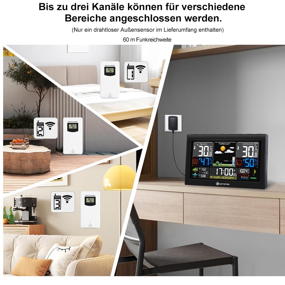 KETOTEK Wetterstation Funk mit Außensensor Innen und Außentemperatur Wettervorhersage HD LCD Display Digital Thermometer Hygrometer,DCF Funkwecker,Barometer, Sonnenaufgang Sonnenuntergang, Mondphase