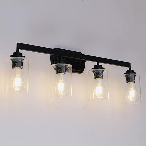 4-Light Indoor Bath Vanity Light Fixtures, Farmhouse Bathroom Vanity Lights Wall Sconce Over Mirror Lamp for House Bedside Kitchen, Oil Rubbed Bronze with Seeded Glass Shade Covers