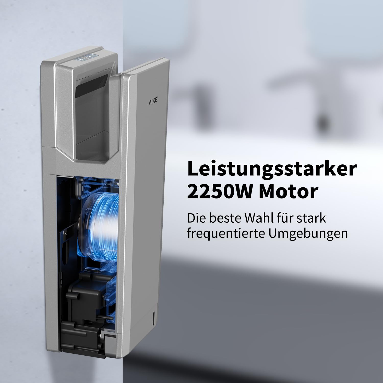 AIKE Swift Professioneller Händetrockner mit HEPA-Filter, Geometrisches Design, 90M/S Luftstrom, Für stark frequentierte Badezimmer, 1850W 220V (Silber)