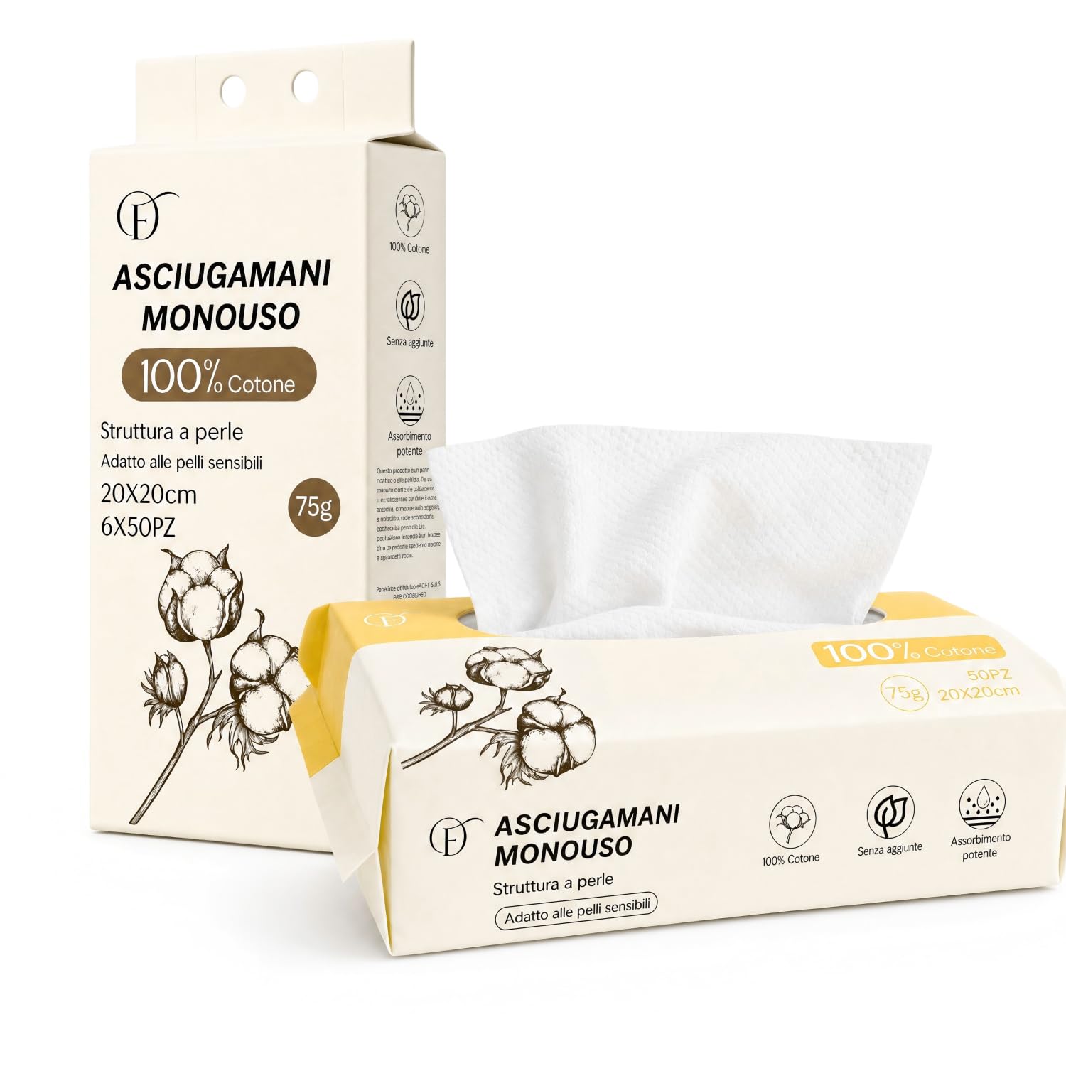 Asciugamani Monouso Viso 100% Cotone, 300 Pezzi 20x20 cm, 75 g/m², Salviette Asciutte con Trama a Perle, Morbide e Resistenti, Senza Profumo, Uso Asciutto o Bagnato