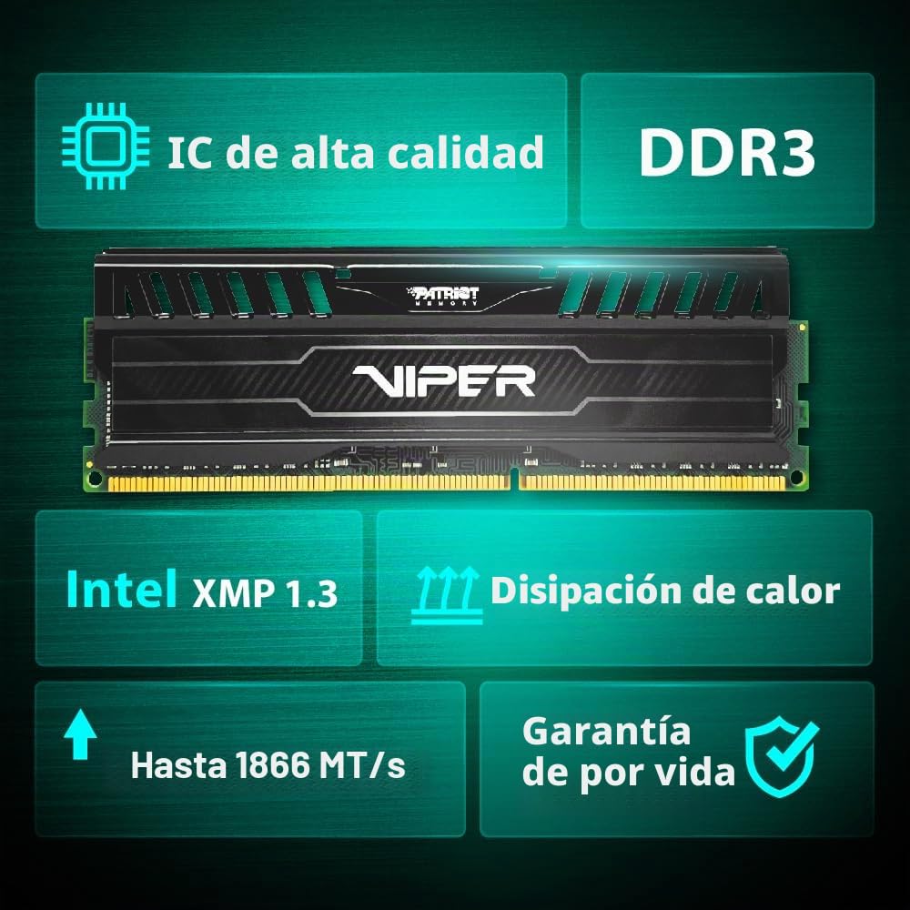 Patriot Memory Viper 3 Black Mamba DDR3 1866 16GB (2x8GB) C10 Kit Memoria de Juego XMP 1.3 Negro PV316G186C0K