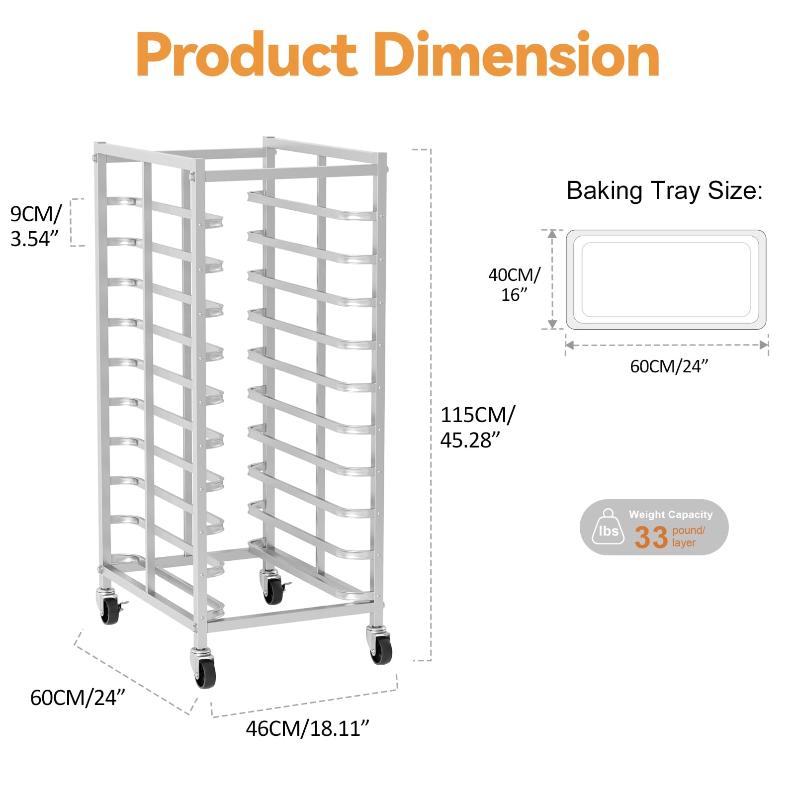 Support à Pain Commercial en Acier Inoxydable 10/20 Niveaux, Support de Rangement Robuste pour plaques Cuisson Demi-Taille et Pleine Grandeur avec Roues Frein, capacité 33 LB par Couche - 10