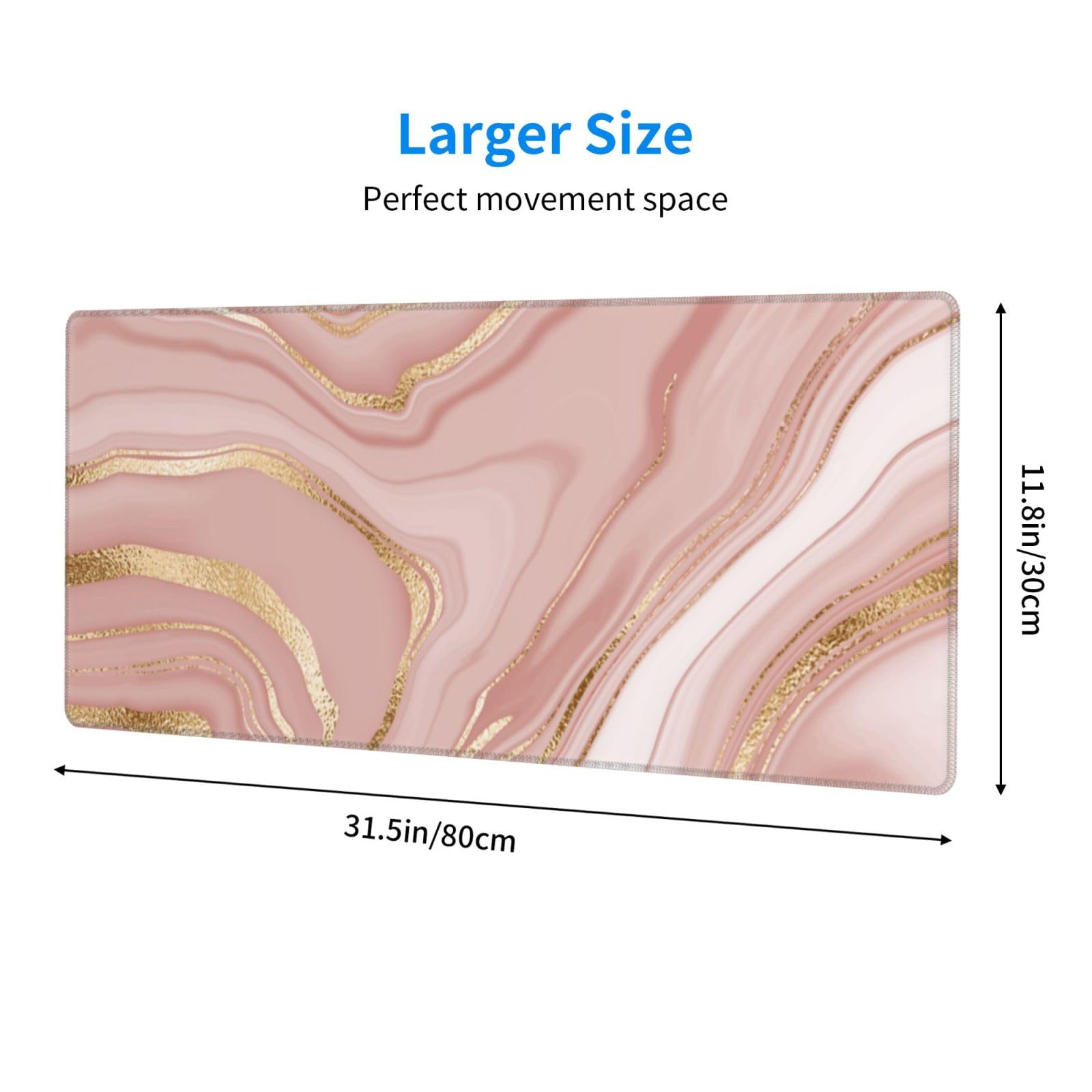 Alfombrilla de mouse grande de mármol largo para juegos para el hogar y la oficina, 31.5 x 11.8 pulgadas (mármol rosa a rayas doradas)