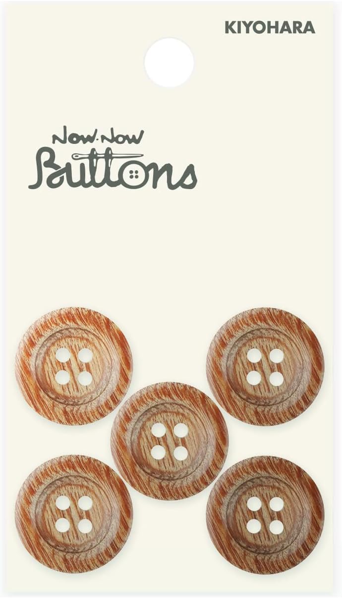 Kiyohara NWN176 Now Buttons, Wood Buttons, Plywood, Round, 4 Holes, Pack of 5, Diameter 0.7 inches (18 mm), Brown
