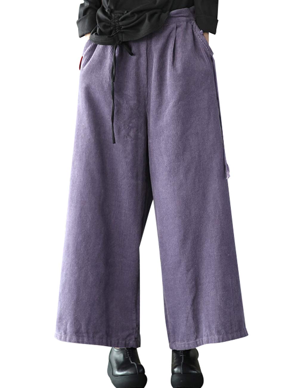 Bigassets Women's Elastic Waist Cotton Corduroy Pants Wide Leg Trousers Style 1 Purple