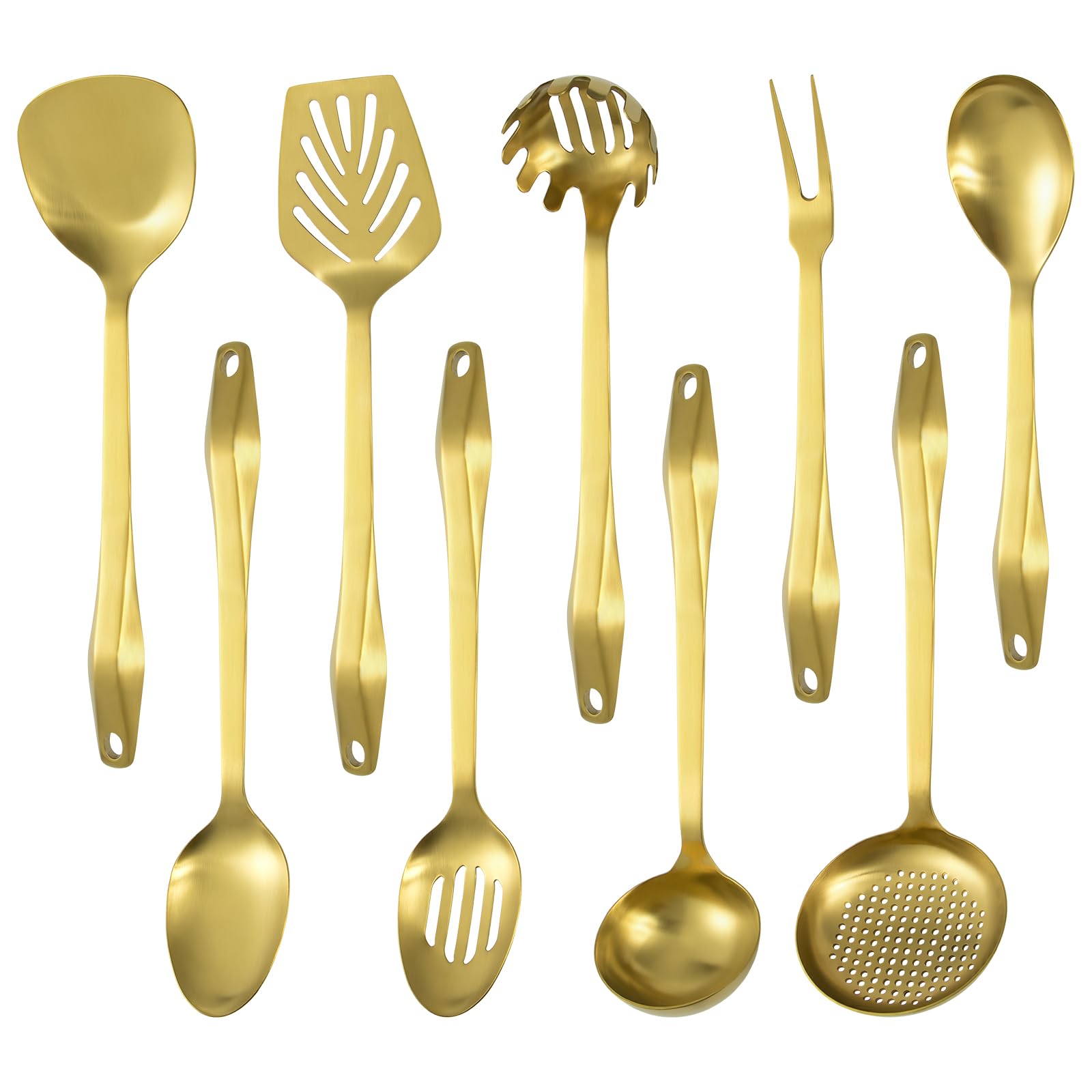 Küchenhelfer-Set aus 304 Edelstahl, 9-teiliges Kochutensilien-Set, Metall-Küchenhelfer-Set, Kochgeschirr, hohe Temperaturbeständigkeit, Küchenwerkzeug-Set zum Aufhängen, spülmaschinenfest (Gold)