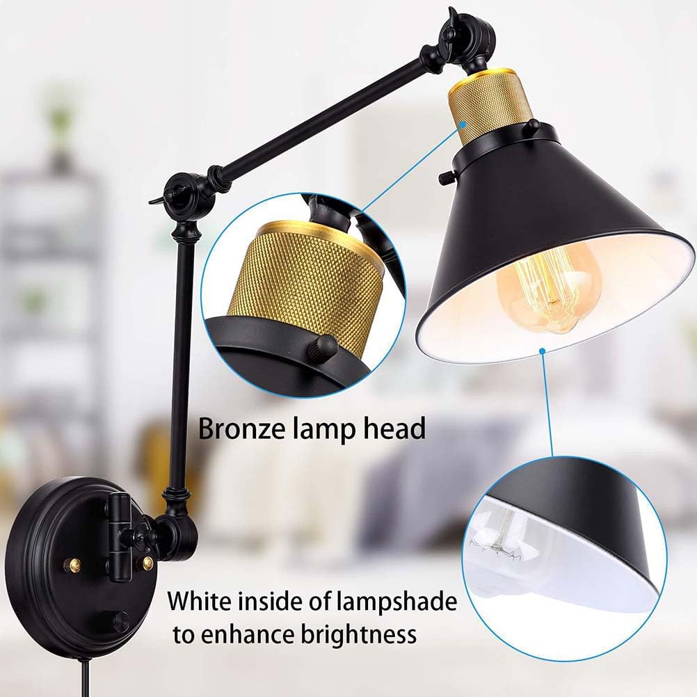 AoLa Schwenkarm Wandleuchten Dimmbar mit Schalter, Innen Vintage Wandlampe mit Stecker und Kabel E27 Verstellbare Lange Arm Nachttischlampe Retro Industrial Schwarz Kegel Lampenschirm Leselampe,2pack