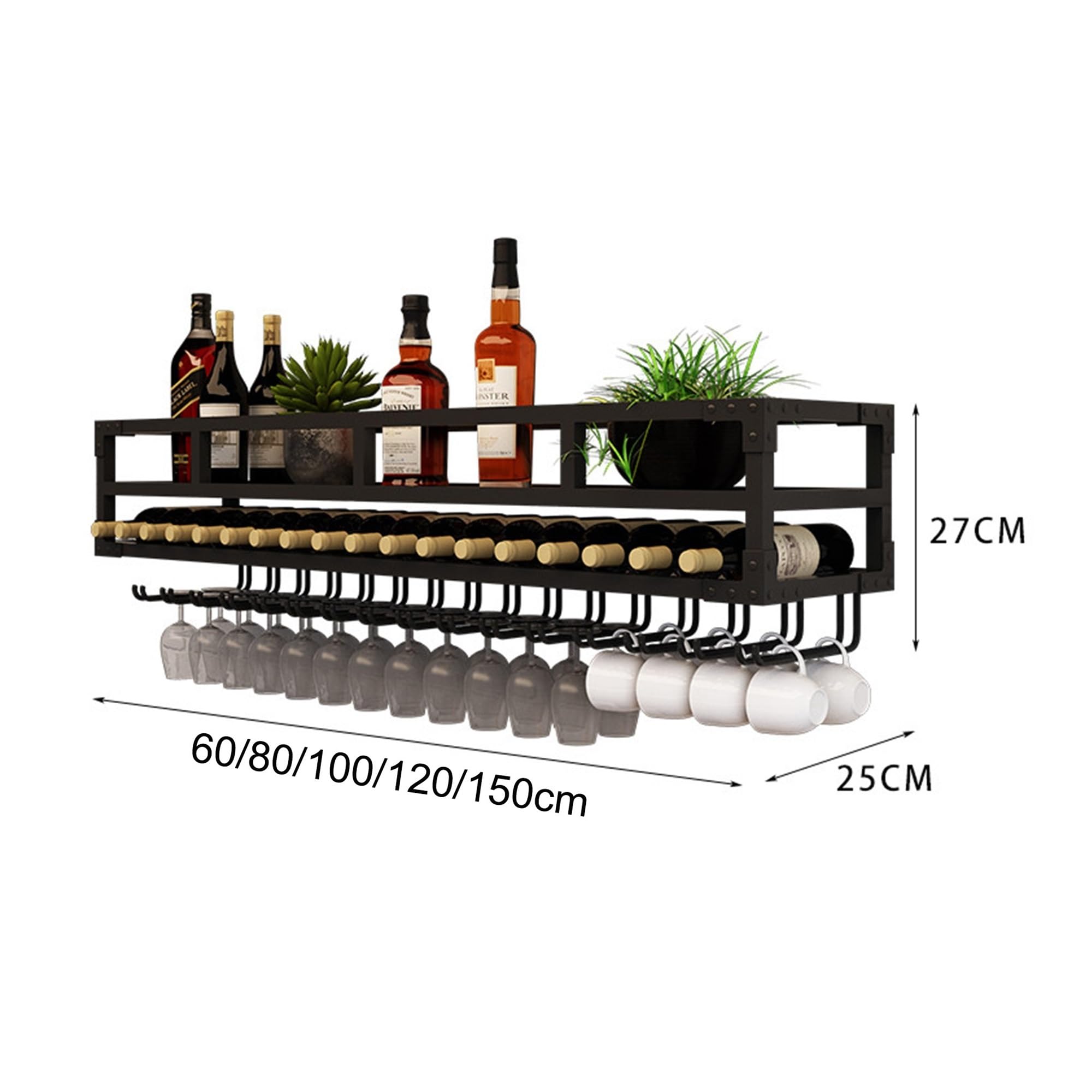 Botellero Vino Pared con Luz Mueble Bar Garrafeira Mini Bar Wine Rack Mueble Comedor Estanteria Cocina Pared con Soporte Copas Colgante para Bar Sala de Estar y Cocina(Black,DOUBLE LAYER_60*25CM)