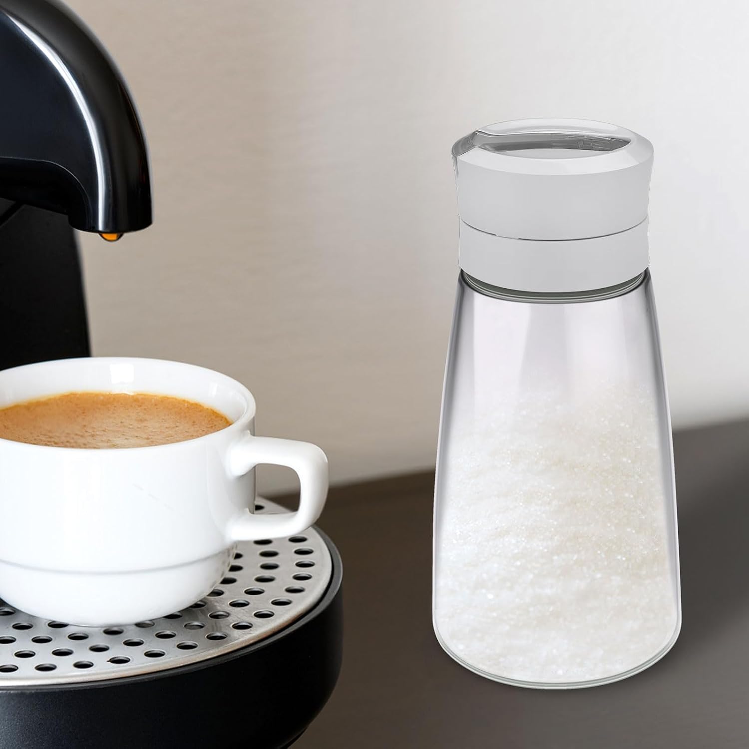 1Pack Glass Sugar Dispenser with Auto Flip Pour Spout, Weighted Pourer Sugar Container, 14.2oz Sugar Bowl Shaker Jar Salt Dish Holder Coffee Bar Accessories