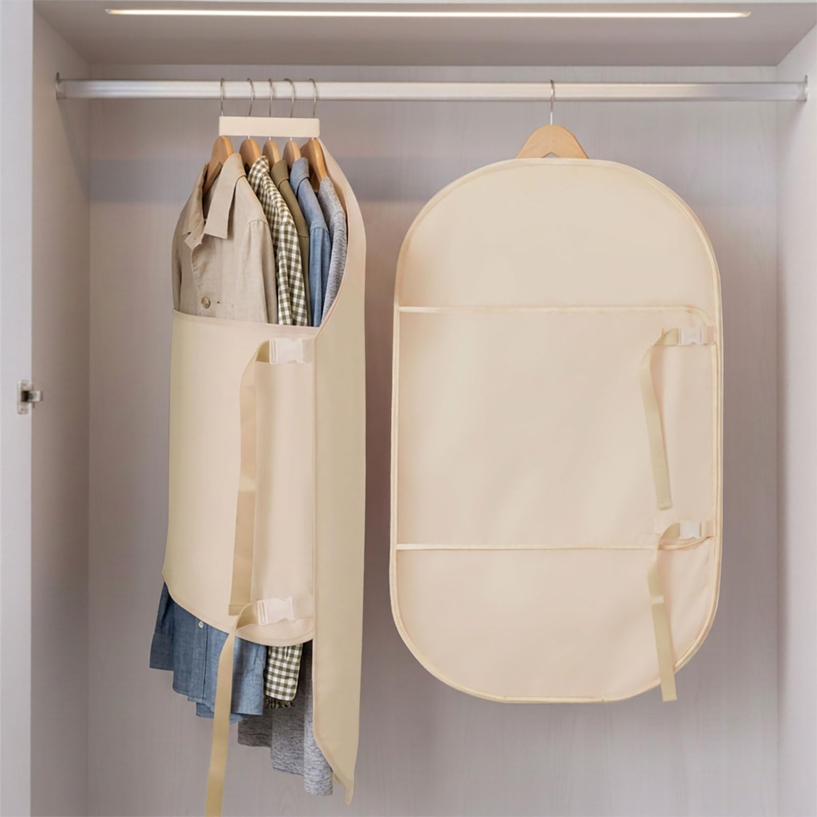 PAVSTINE Hanging Wardrobe Organiser with Compression, 2 Pieces, Beige