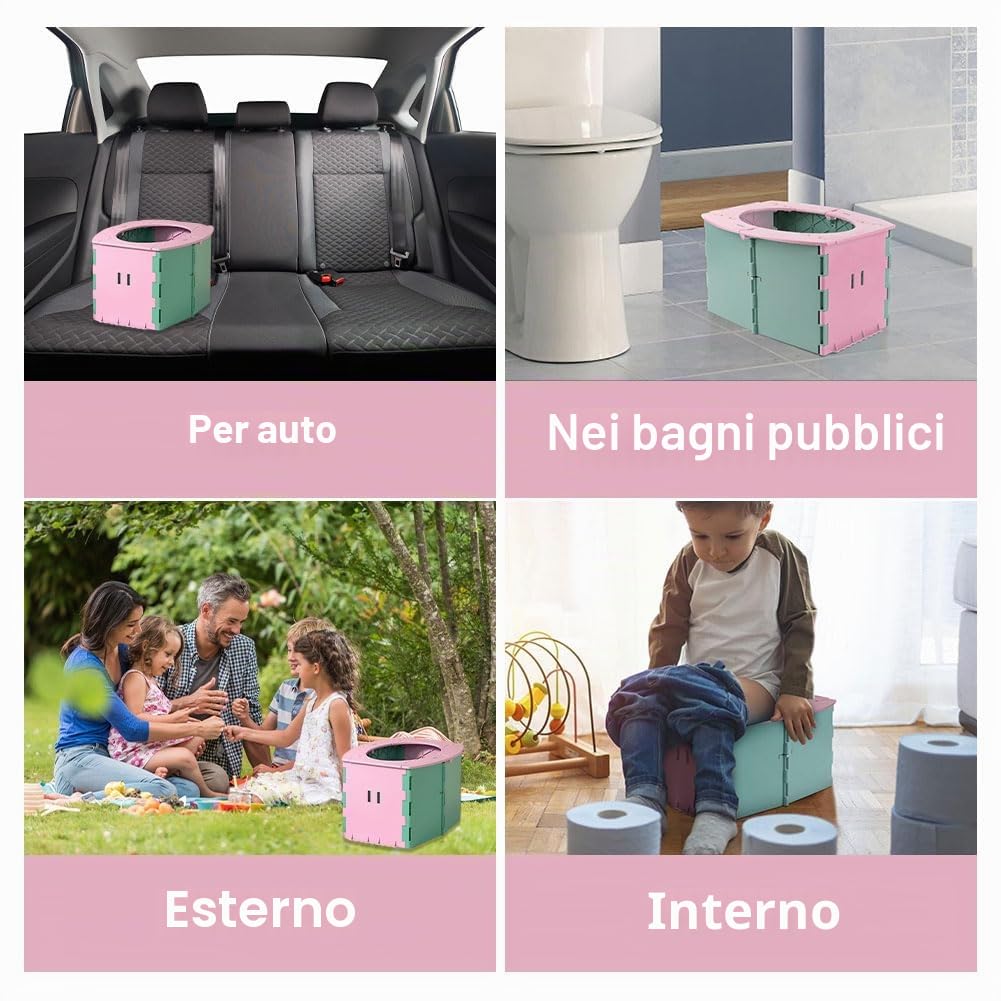 Pieghevole WC per Bambini,Sedile Portatile Vasetto per Bambini,Sedile WC Pieghevole per Bambini,Toilette Pieghevole per Bambini,Vasino Portatile per Bambini da Viaggio,Verde rosa