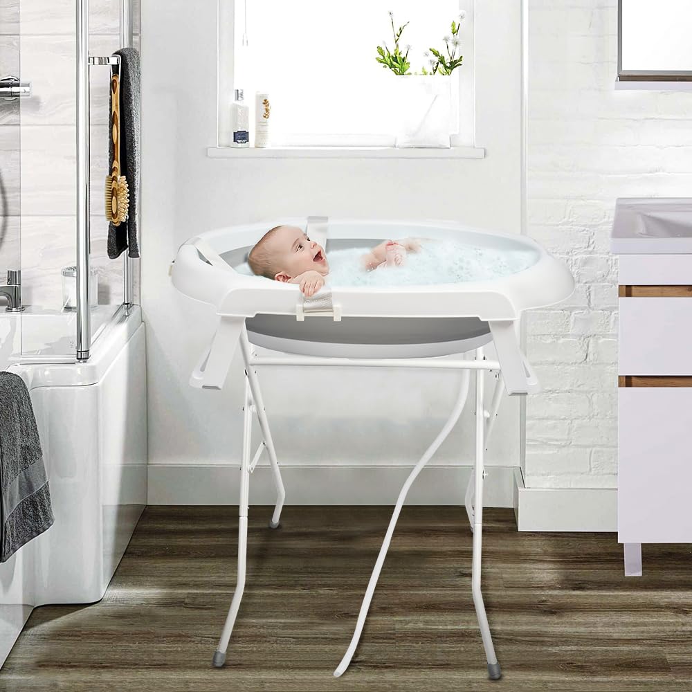 OHMG 3 in 1 Baignoire Ergonomique pour Bébé avec Support et Table à Langer,Fermeture Compacte,baignoire pliable bebe,baignoire bebe sur pied,bain bebe,pour nouveau-nés jusqu'à 3 mois