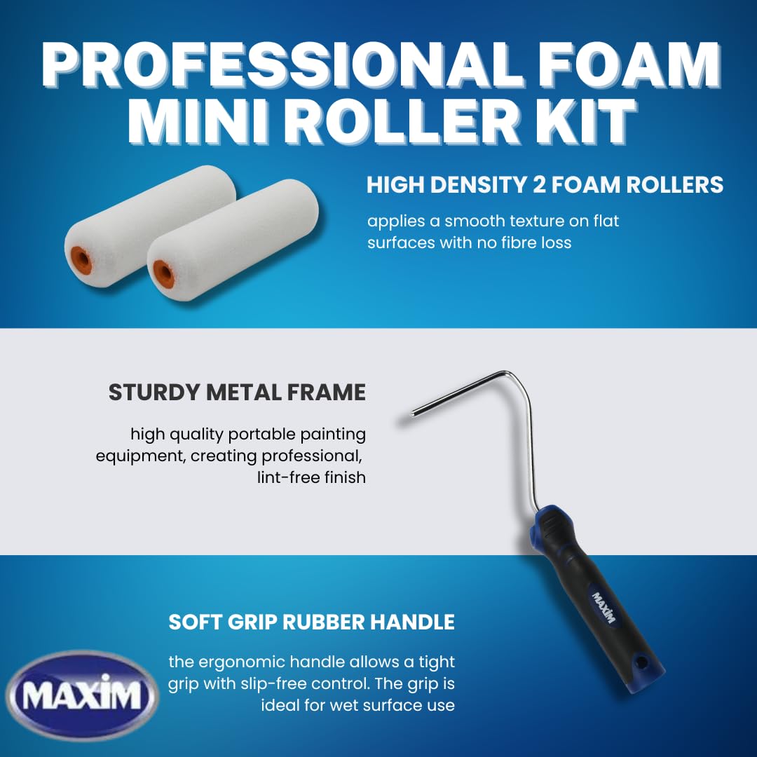 Maxim Kit de mini rouleau professionnel en mousse, manchons doubles de rouleau en mousse de 10,2 cm, mini plateau noir de 10,2 cm, rouleaux en mousse haute densité et poignée en caoutchouc souple,