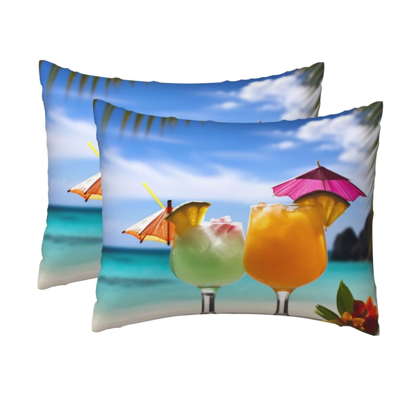 2 Pack Standard Pillow Cases with Hidden Zipper, Soft Breathable Pillow Covers for Hair and Skin, Tropical Beach Drink Pillowcases 20"x26" Bed Pillow Protectors Cover for Sleeping Gifts
