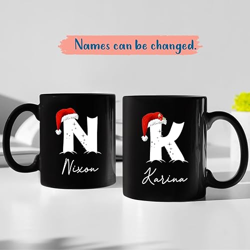 Miniatura 4 de Taza de cerámica de Navidad para pareja, taza de cerámica de Navidad con nombre inicial personalizado, tazas de café personalizadas para esposo,
