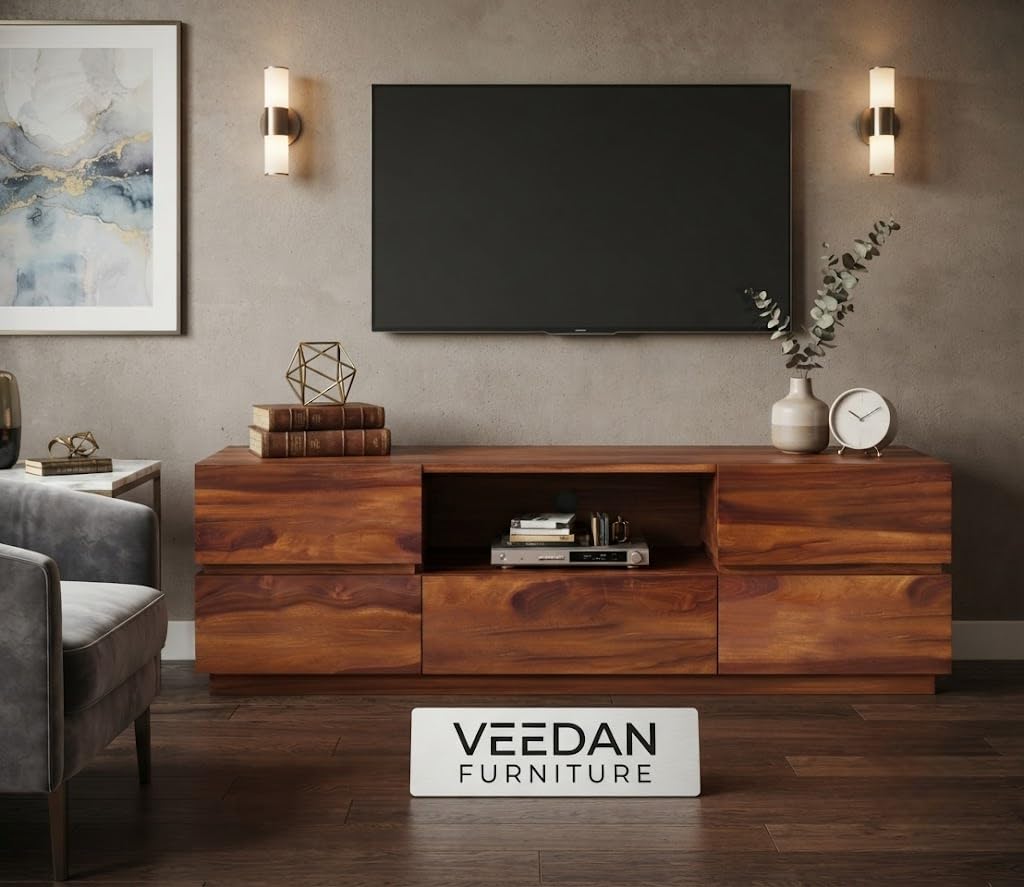 sheesham wood wooden tv unit for living room 55 inch tv furniture - entertainment unit - solid wood tv table for living room 55 inch tv console with 5 drawers & open shelves