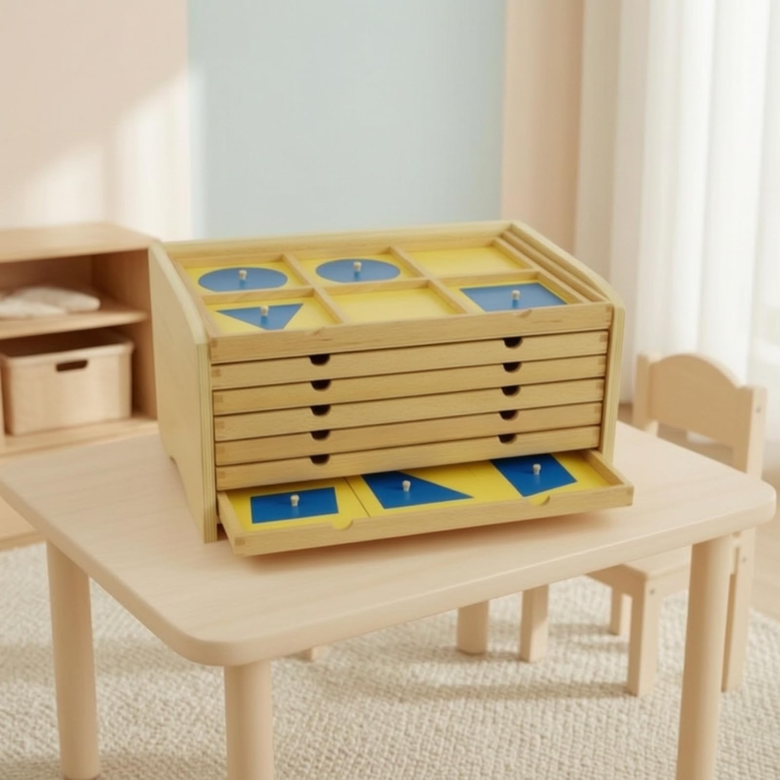 Geometrico Cassettiera Didattica Armadietto Educativo Mobile Educativo in Legno con Pannelli Gialli E Forme Rimovibili Adatto per Bambini Scuola Homeschooling Aula