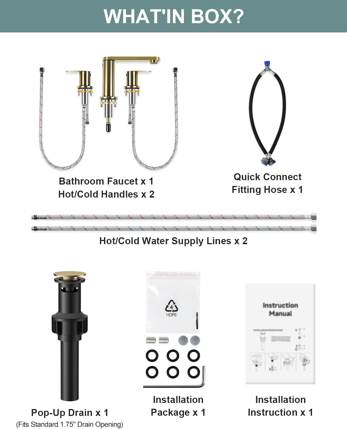 BWE Brushed Gold Bathroom Faucet 3 Hole, 8 Inch Widespread Gold Bathroom Faucets with Pop-up Drain and Supply Lines, 360° Swivel Spout 2-Handle Sink Faucet for Bath Vanity - Image 9