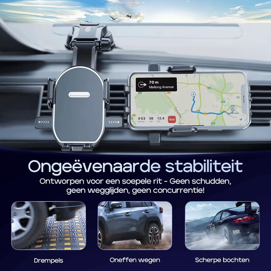 Grippa Telefoonhouder Voor Auto – Zuignap + Ventilatieclip, 360° Draaibaar, Telescooparm 14-22 Cm, Geschikt Voor 4-7,2 Inch, Voor Dashboard En Voorruit