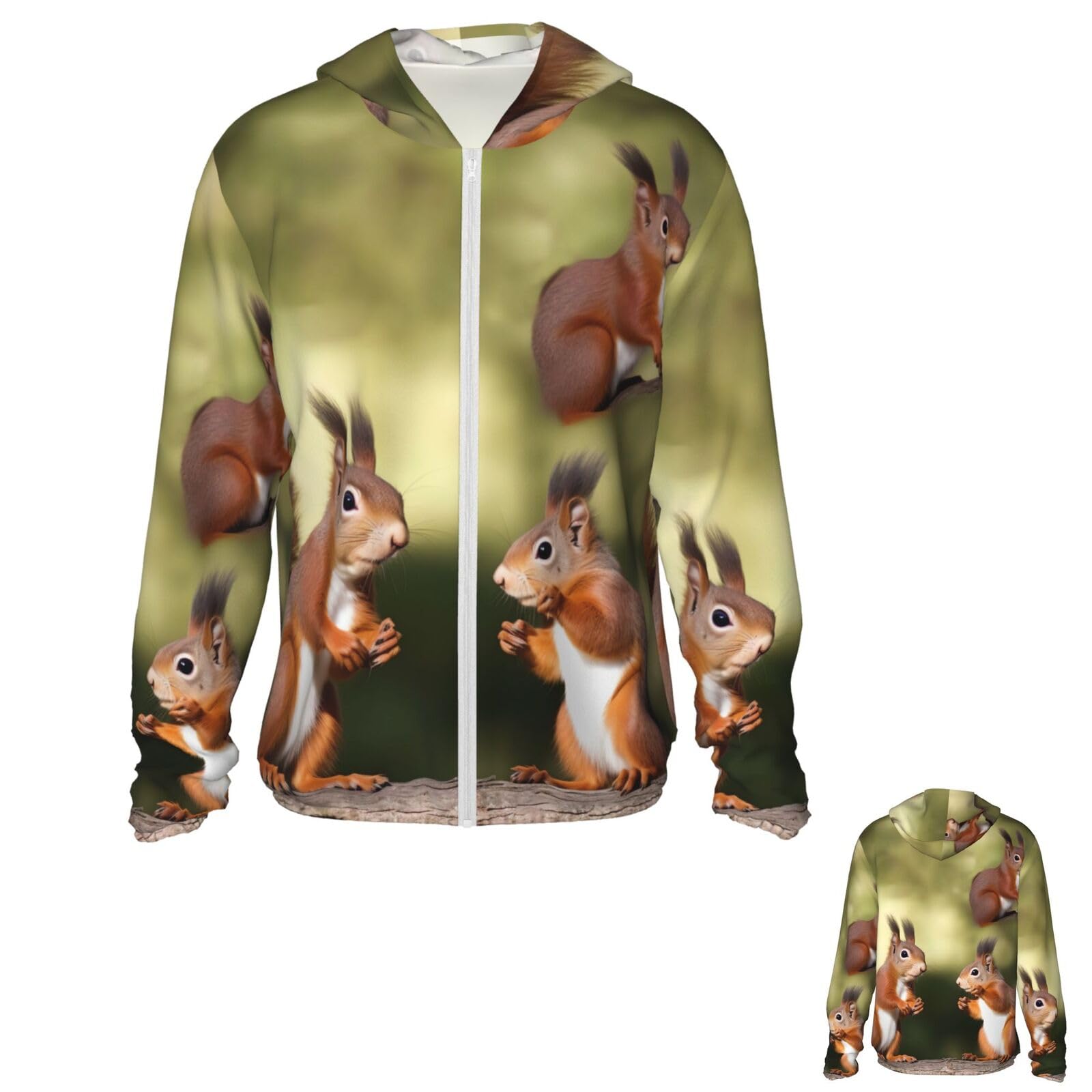 NONHAI Men's Sun Protection Jacket UPF 50+ Full Zipper Long Sleeve UV Hoodie Shirt Cute Squirrels Women's Outdoor Jacket Black