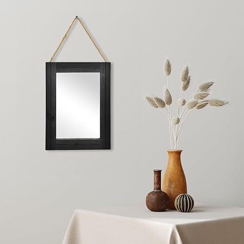 Vista 7 de Espejo decorativo de pared de 12 x 16 pulgadas, espejo rectangular con marco de madera rústica con cuerda para colgar para entrada, dormitorio, baño