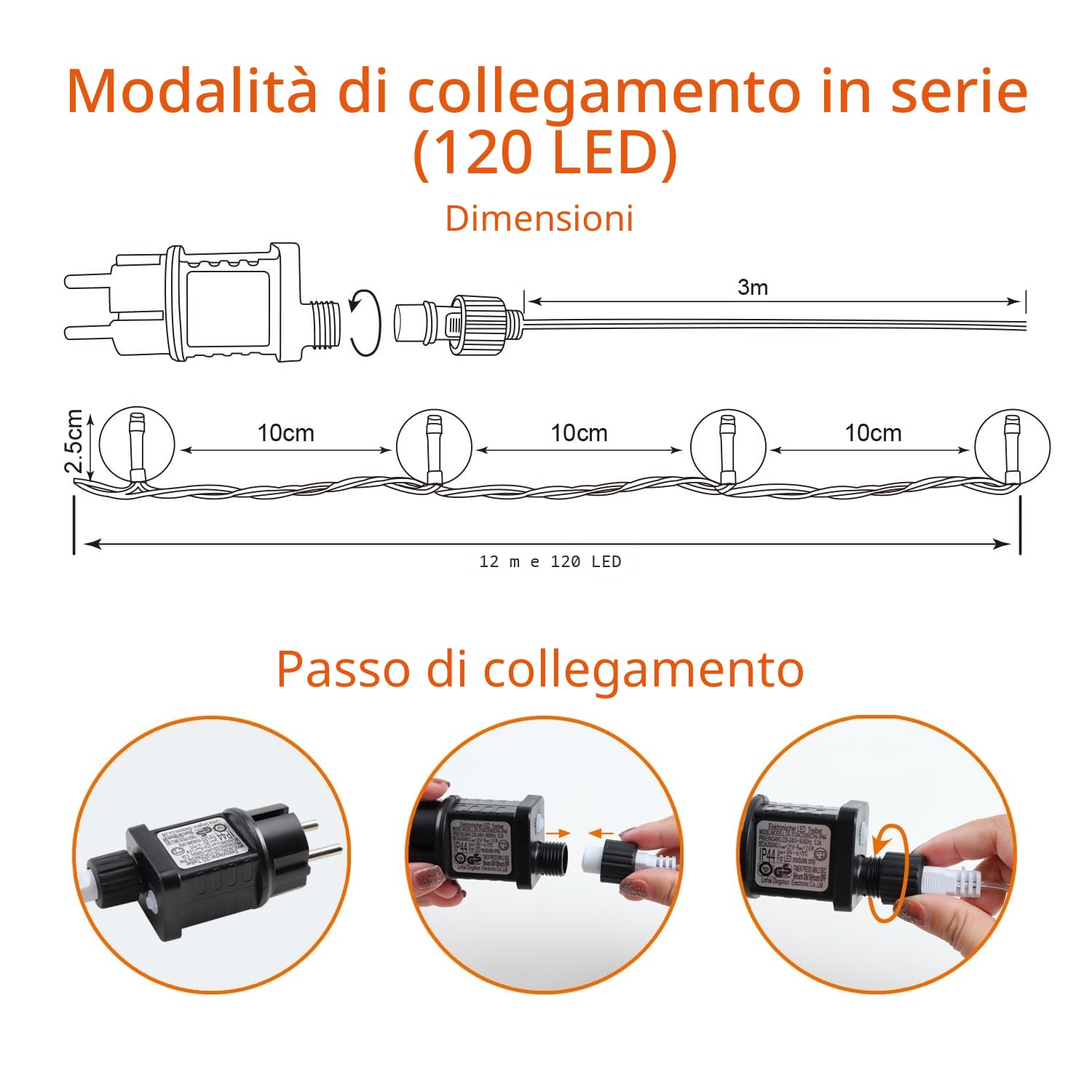 DA LIGHT Ghirlanda luminosa a sfere, luce calda, 12 m, 120 LED, illuminazione per interni/esterni, con 8 modalità, timer, IP44, ideale per Natale, matrimoni, giardino, terrazza, balcone, luci