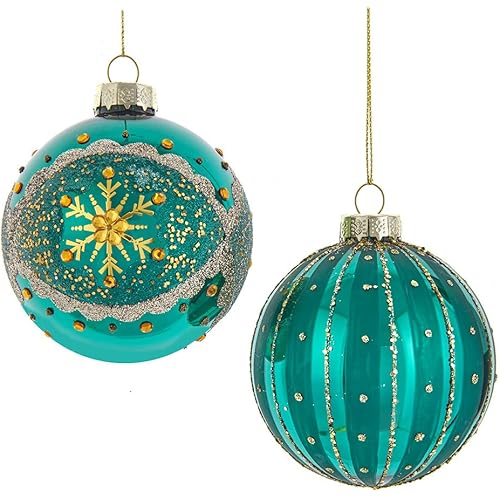 80MM Gold, Green and Blue Embellished Ball Ornaments, 6 Piece Set