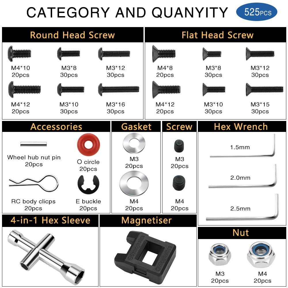 Kit d'outils de réparation de voiture télécommandée - Rotation à 360 degrés - Kit de 520 vis télécommandées et tournevis RC et palette de vis pour voiture télécommandée 1/8 1/10 1/12 1/16 1/18