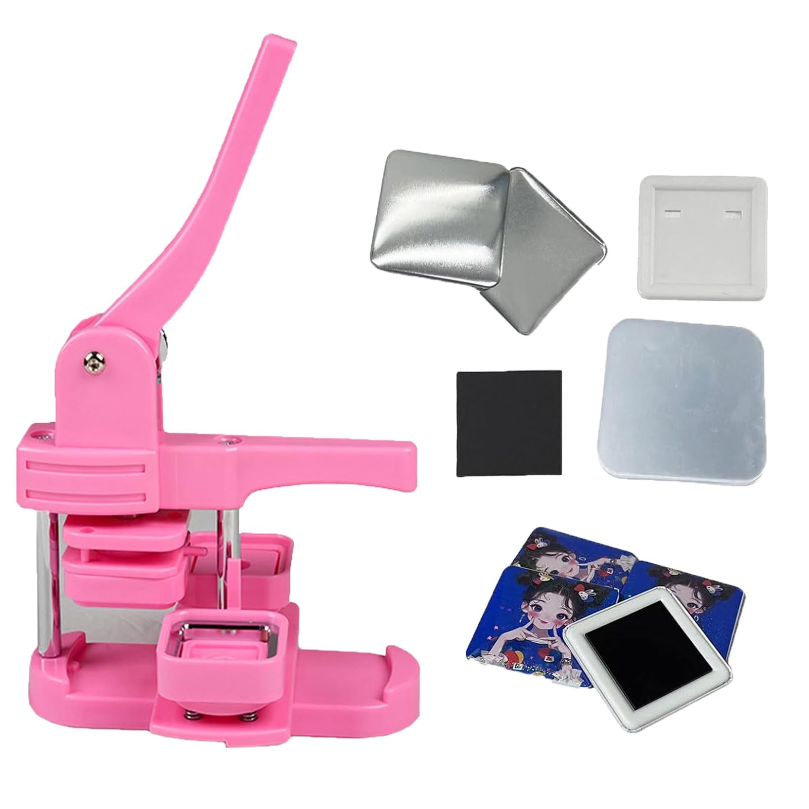 Maszyna Do Produkcji Magnetycznych Guzików Na Lodówkę, 50 Mm Kwadratowy Kształt Magnesu Na Lodówkę, Kwadratowa Maszyna Do Prasowania Guzików Z 100 Guzikami,Pink