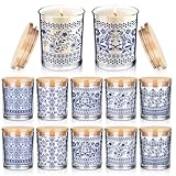 Ziliny 10 Pcs Christmas Blue and White Porcelain Glass Candle Jars Empty Containers Bulk 7 oz Ceramics Glass Jars with Cork Lids Tins for Candle Making Storing Biscuits Tea Party Favors