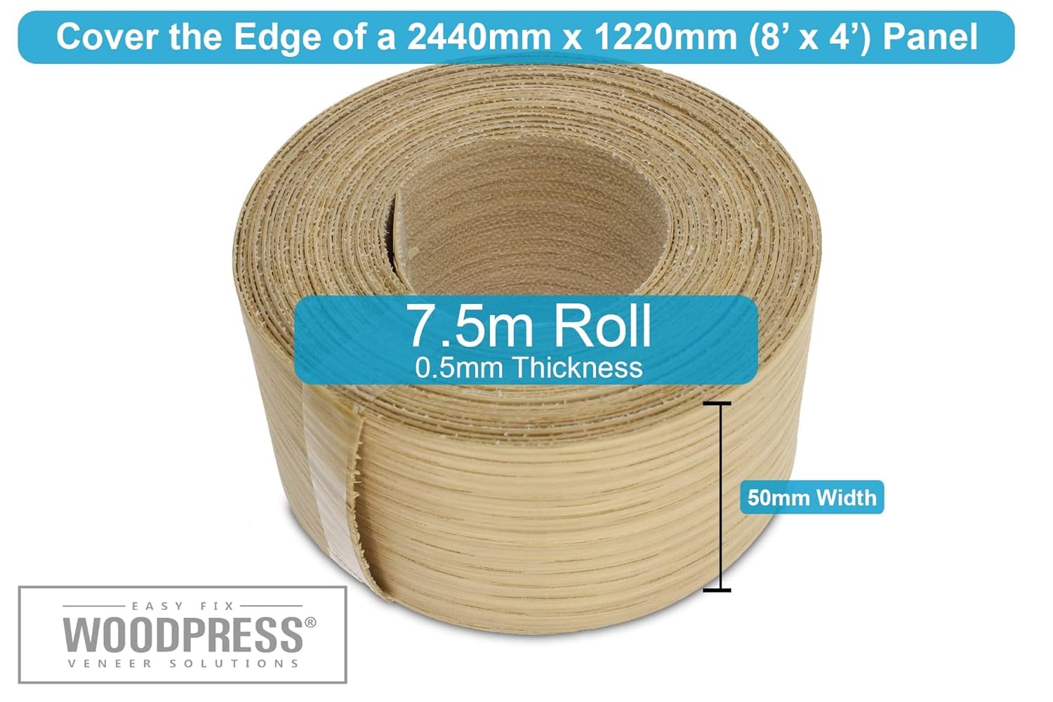 Borde termoadhesivo de roble real de 50 mm - Rollo de 7,5 m - Cinta de chapa de madera prepegada para una fácil aplicación de bricolaje - Cubrirá el borde de un panel de MDF estándar