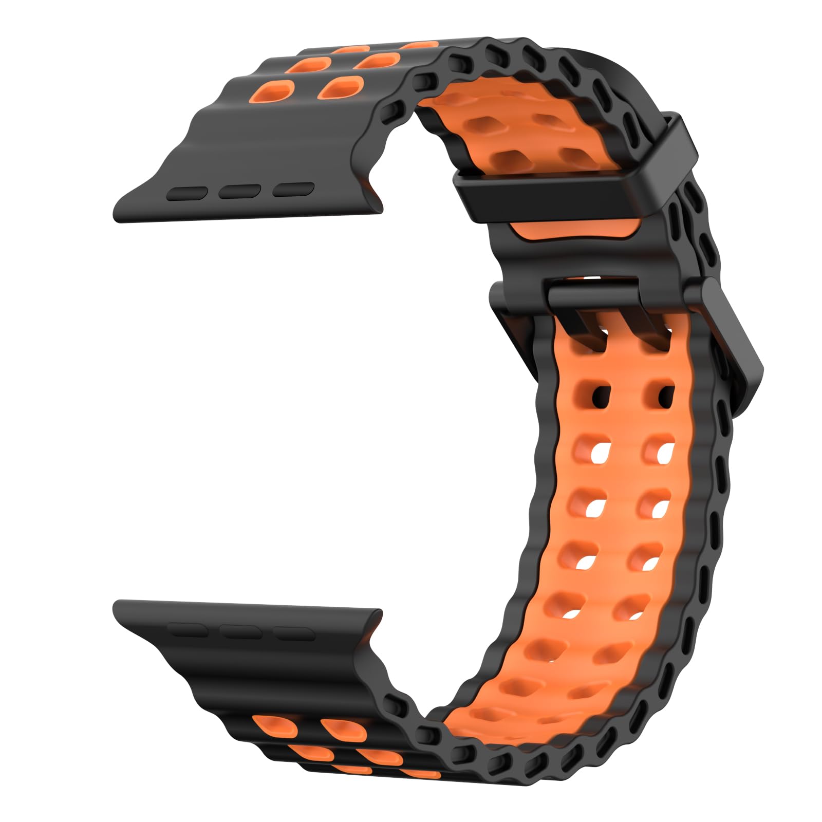 Breathable Ocean Strap Compatible with Apple Watch Ultra 2/Ultra 49mm,Series 10 46mm,9/8/7 45mm,SE2/SE/6/5/4 44mm,3/2/1 42mm, Silicone Watch Band Sport Strap for Men Women, Black/Orange