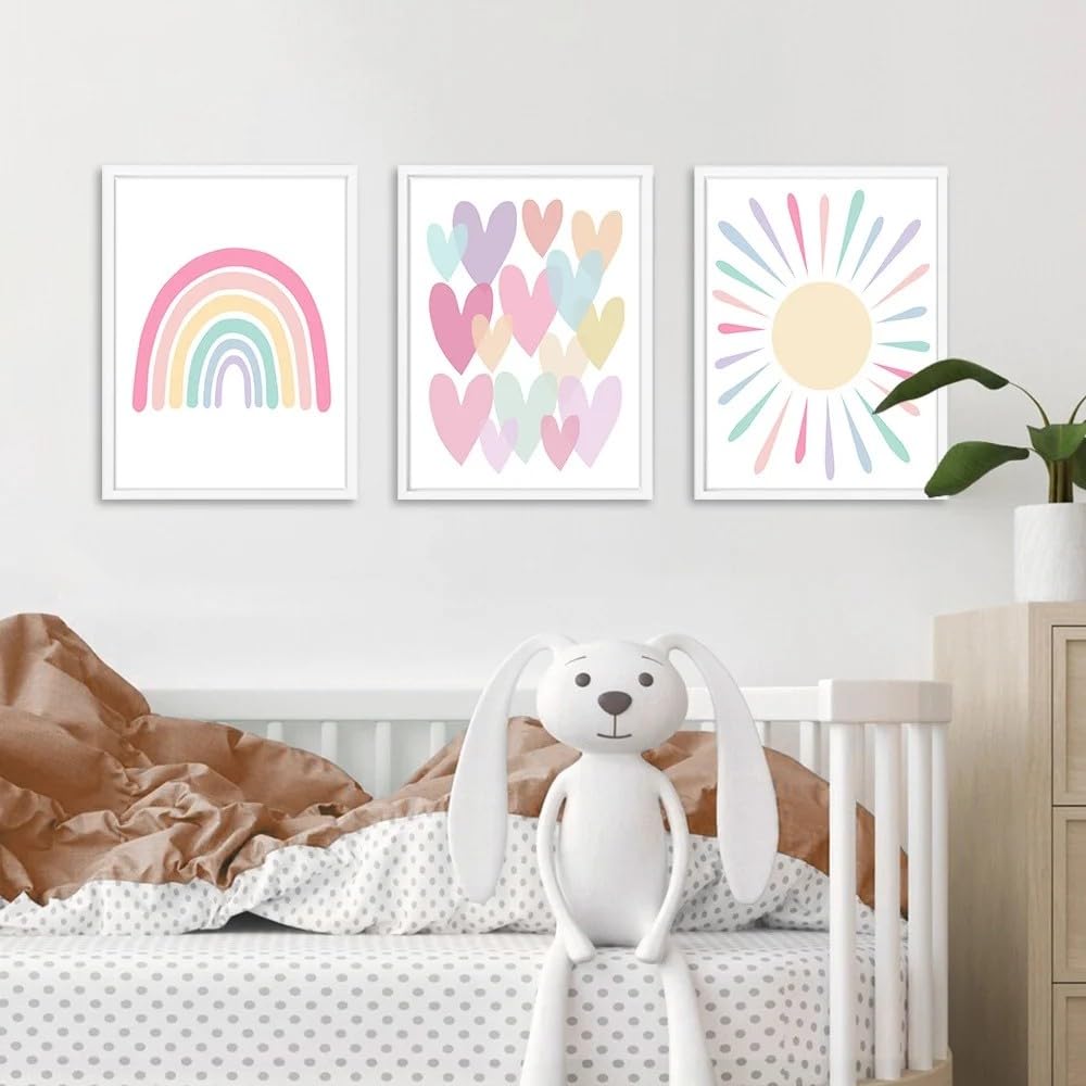 Bilder Kinderzimmer Poster Regenbogen Herzen Boho Wandposter, Bilder Set Junge Mädchen Babyzimmer Kinderbilder, Wandposter Premium, Ohne Rahmen (50x70cm)