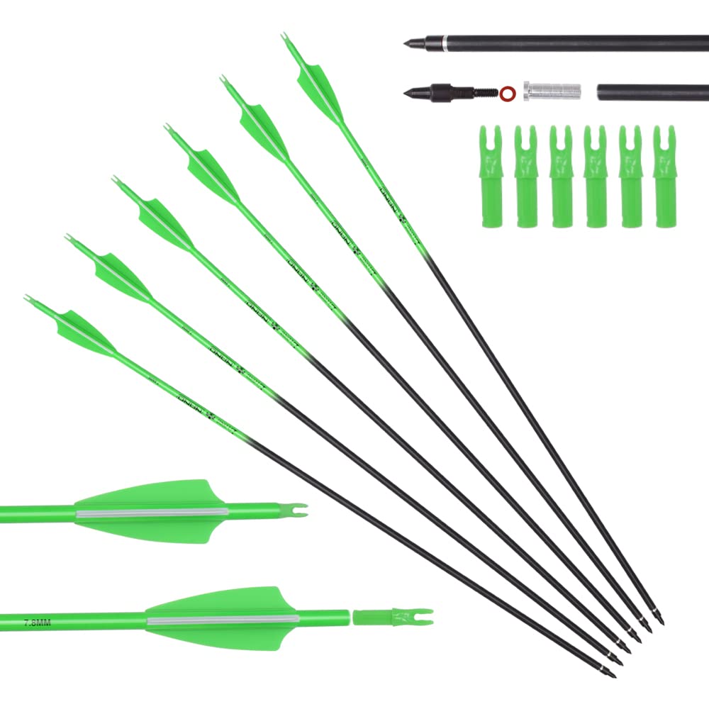 Elong 12PCS 28" Arrows for Compound Bows,Carbon Hunting Arrows for Archery Spine 500 with 100 Grain Screw Tips,Green/Orange