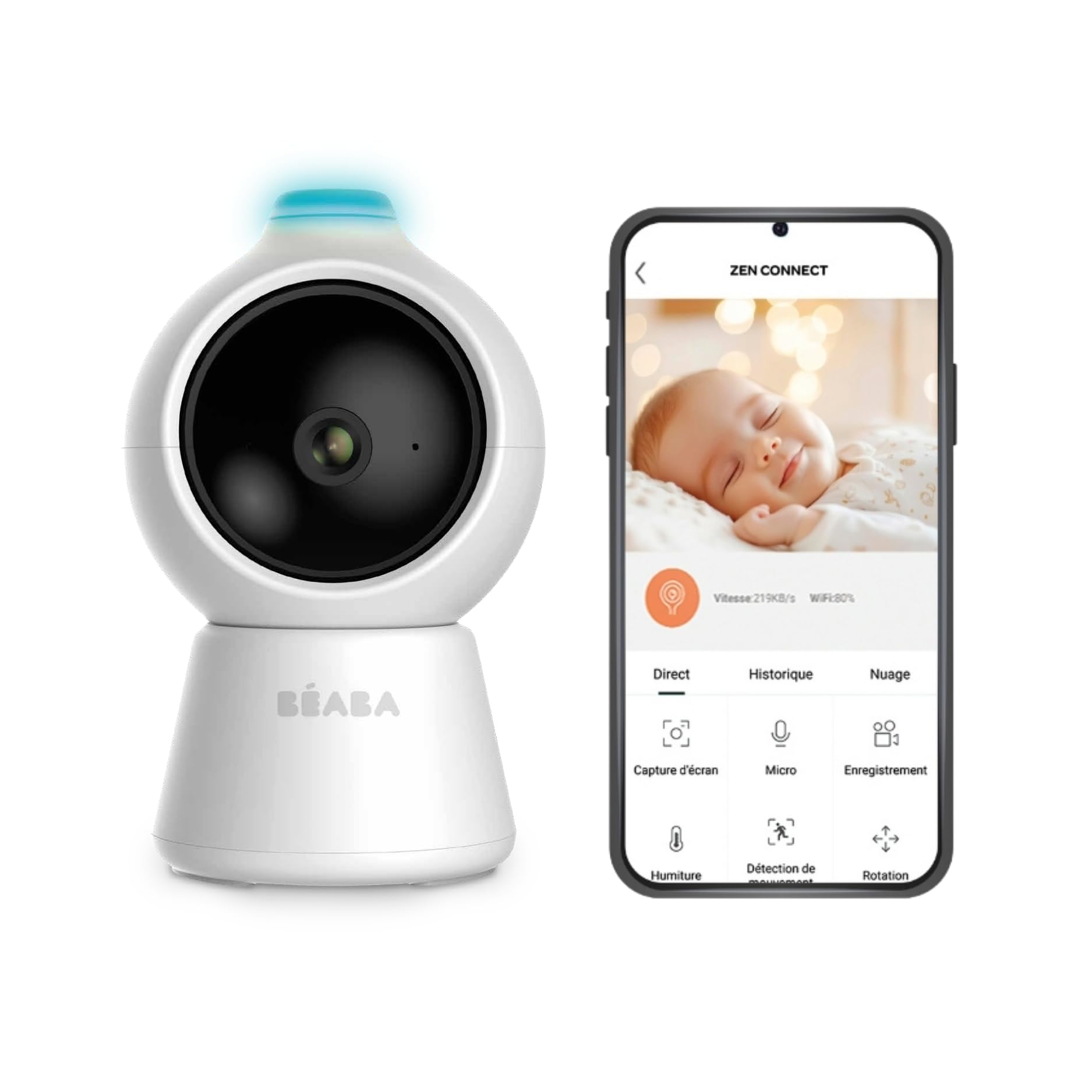 BÉABA Zen Smart AI - dodatkowa kamera do telefonu dla niemowląt 360° Full QHD 4MP ze sztuczną inteligencją, wykrywaniem obrotu, noktowizorem, aplikacją mobilną, Walkie Talkie, VOX, lampka nocna