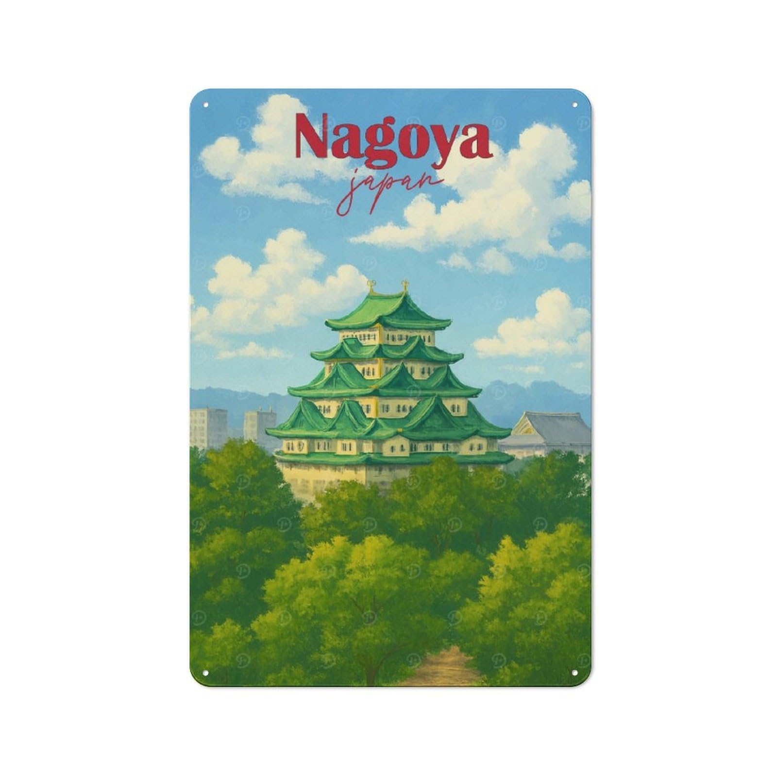 Nagoya Japan Castle Art Tin Wall Plaque 30x20cm, Rustic Farmhouse Wall Decor for Dining Room, Cafe, Entryway Or Family Room