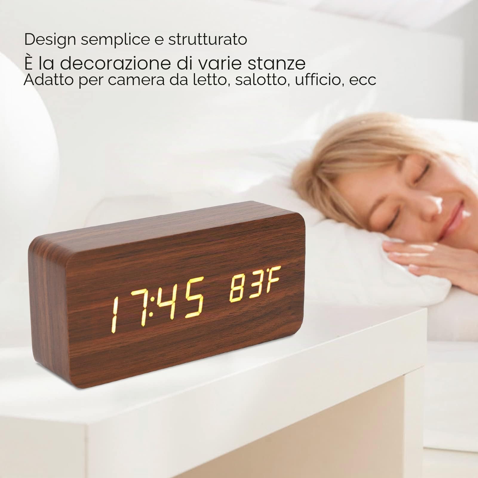 Orologio a LED in legno, sveglia digitale con 3 livelli di luminosità elettronica, grande display a colori, orologio digitale da scrivania con display a umidità temporanea, ufficio, camera da letto
