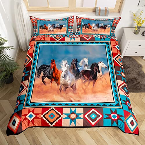 Galloping Horse Comforter Cover Ethnic Tribe Arrow Aztec Lattice Duvet Cover,Boys Farmhouse Wildlife Bedding Set Exotic Nordic Style Queen Bed Set,African Southwest Native Bohemian Room Decor #TOP10