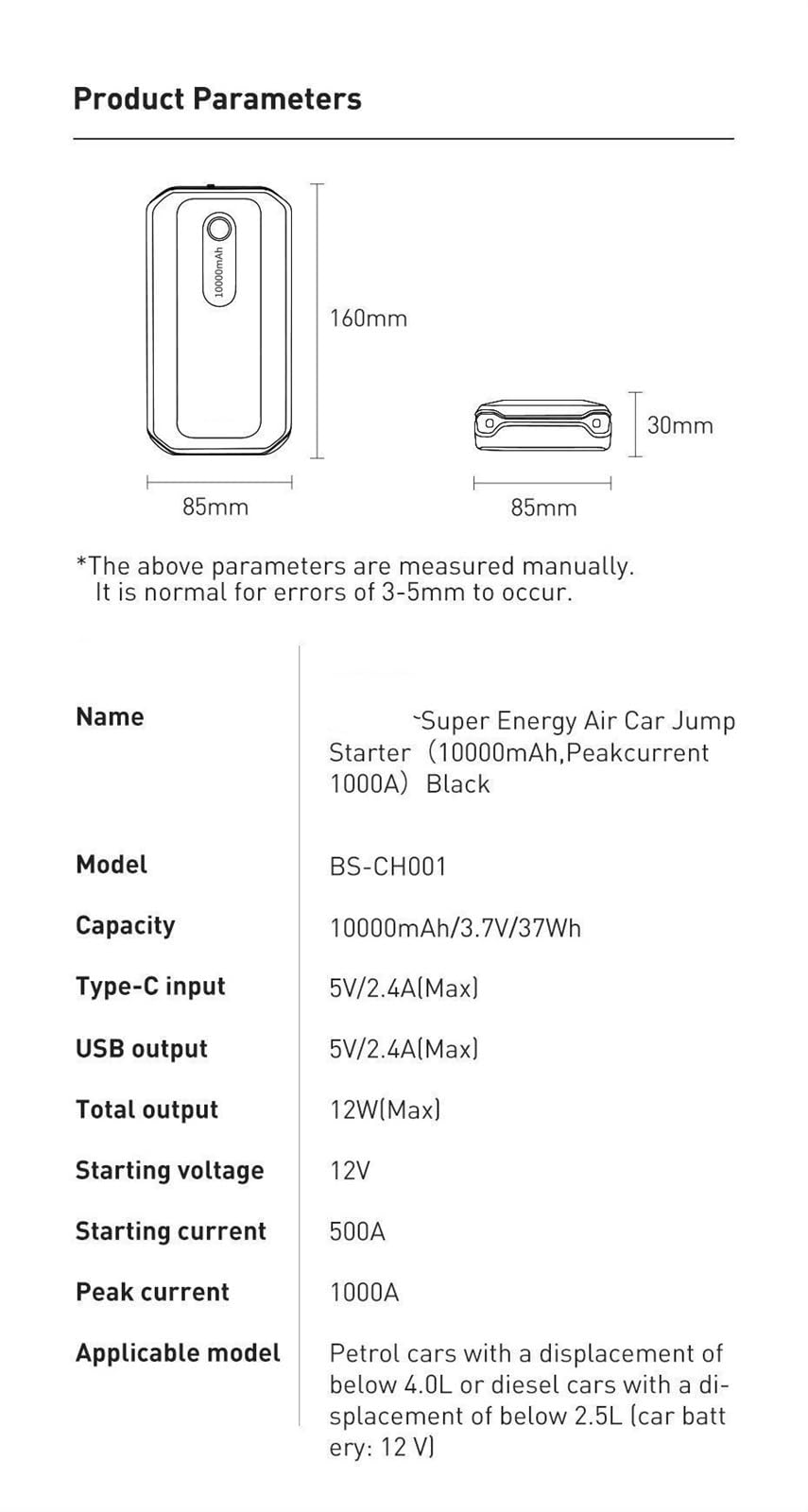 Rozrusznik samochodowy Power Bank 10000mAh przenośny akumulator samochodowy 12V urządzenie do automatycznego rozruchu 1000A awaryjny rozrusznik samochodowy