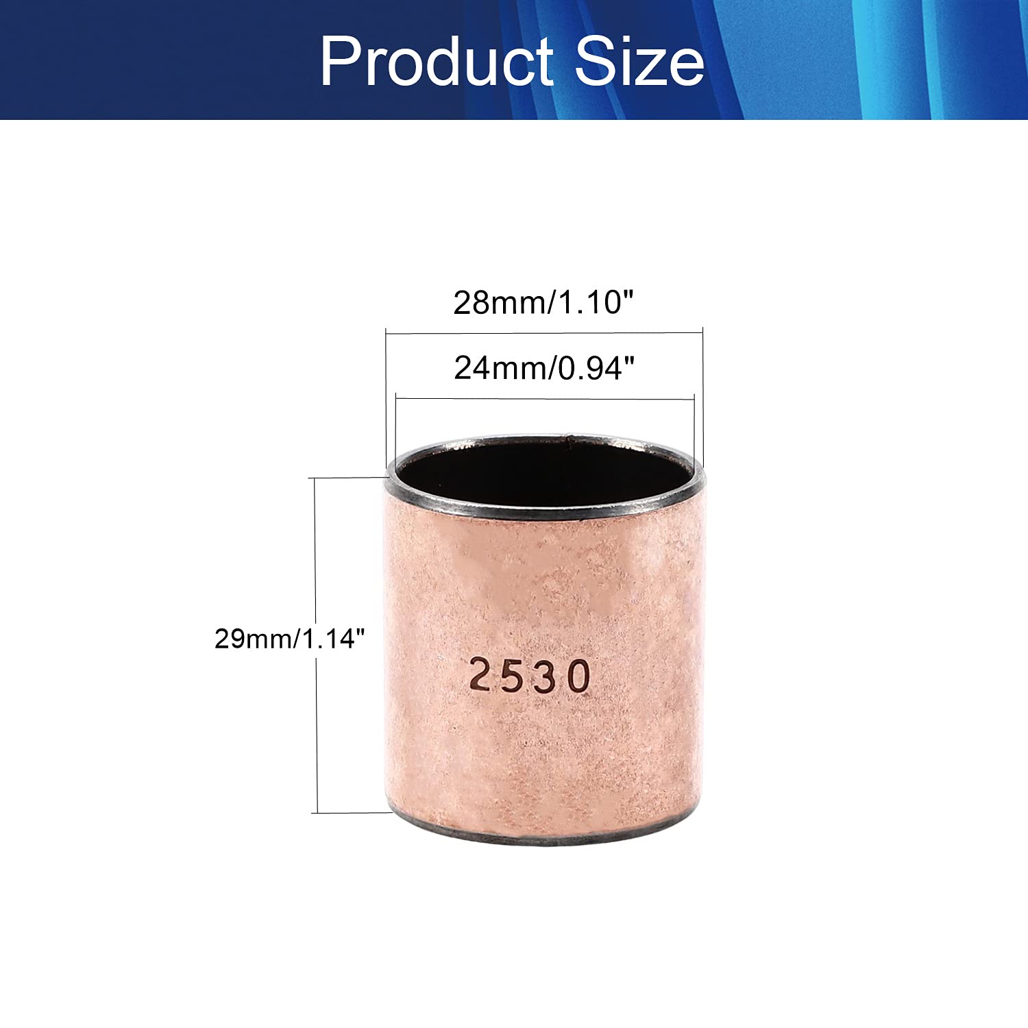 Aicosineg Oilless Bushings 25mm Bore x 28mm OD x 30mm Length Plain Bearings Wrapped Carbon Steel Base 2530 Sleeve Bearing 6pcs