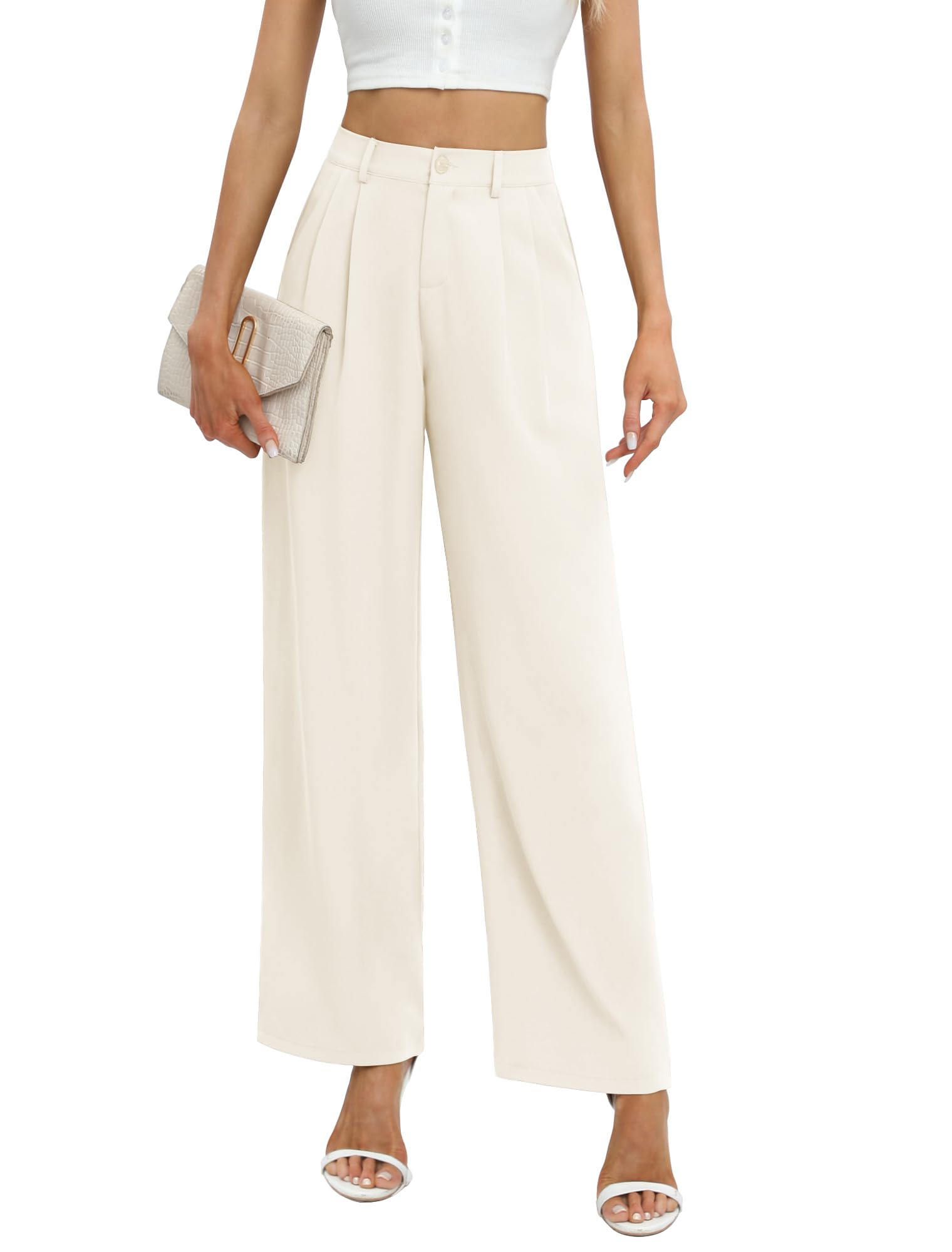 Feiersi Women's Business Work Trousers High Waisted Wide Leg Pants Long Straight Suit Pants with Pocket